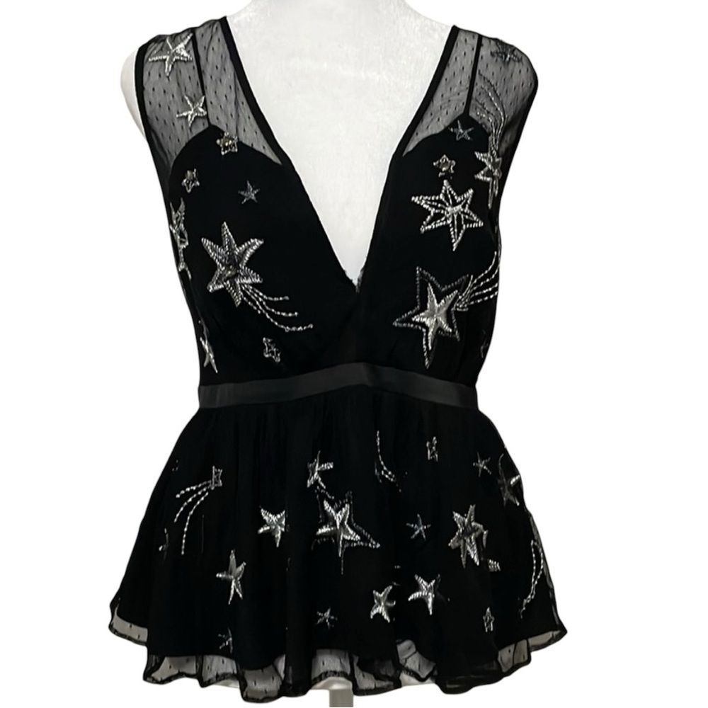 EXPRESS Black Silver Mesh Tulle Shooting Star Embroidered Sleeveless Peplum Top